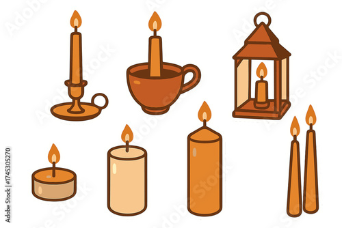 Collection of various lit candles including pillar, taper, tea light, and lantern styles in warm colors
