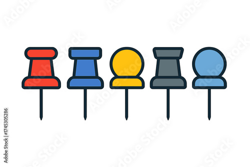 Row of five colorful pushpins used for office organization and stationery