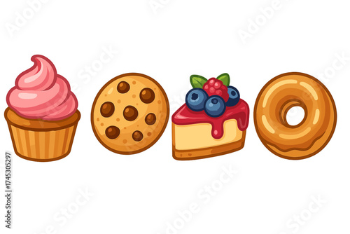 Cupcake, chocolate chip cookie, berry cheesecake, and glazed donut sweet treats