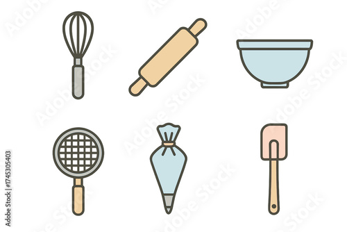 Essential kitchen utensils and equipment set for baking and pastry preparation