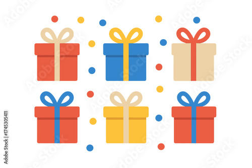 Colorful wrapped gift boxes with decorative ribbons and scattered confetti dots on white background