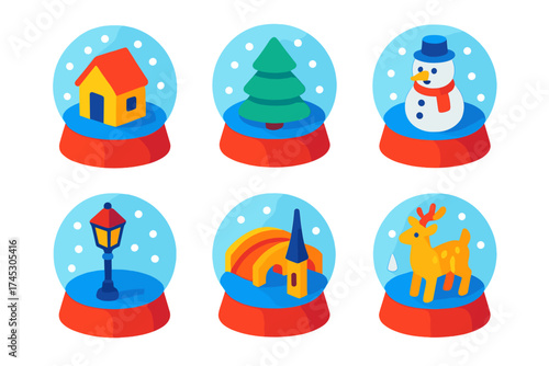 Collection of six colorful isometric snow globes featuring winter and Christmas holiday symbols on a white background