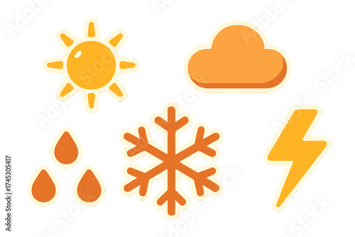 Weather forecast symbols set showing sun, cloud, snowflake, rain, and lightning