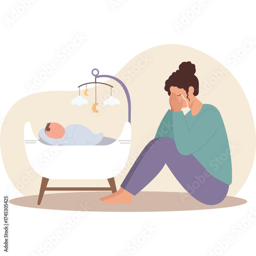 Sad mother sitting beside baby crib feeling depressed after childbirth illustration