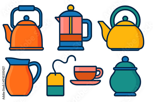 Colorful kitchen icons set featuring kettles, coffee press, teacup, and sugar bowl