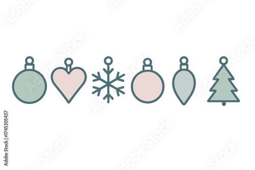 Minimalist holiday decorations set featuring baubles, heart, snowflake, and fir tree shapes