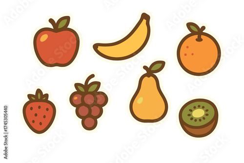 Collection of seven common healthy fruits: apple, banana, orange, strawberry, grapes, pear, and kiwi