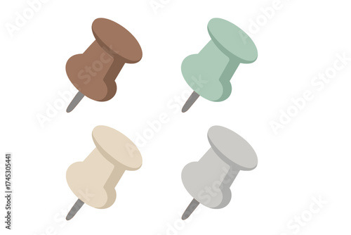 Colorful set of four pushpins and thumbtacks used for office organization and memo display
