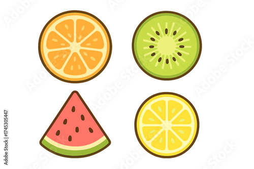 Stylized flat design icons of orange kiwi watermelon and lemon slices