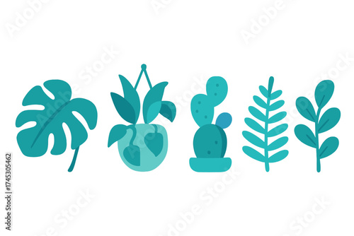 Modern flat design collection of various indoor plants and tropical foliage elements in teal colors