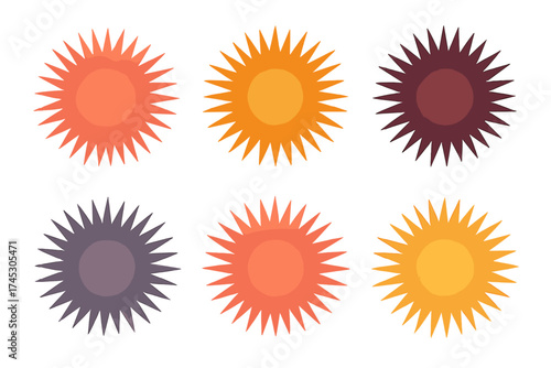 Set of six abstract spiky geometric shapes resembling suns or starbursts