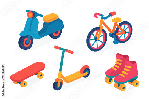 Colorful personal transport vehicles and sports equipment in isometric view
