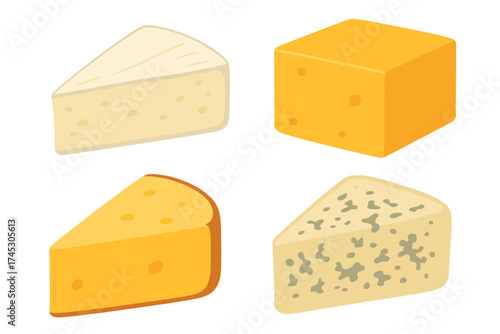 Assortment of various cheese types including cheddar brie and blue cheese isolated on white