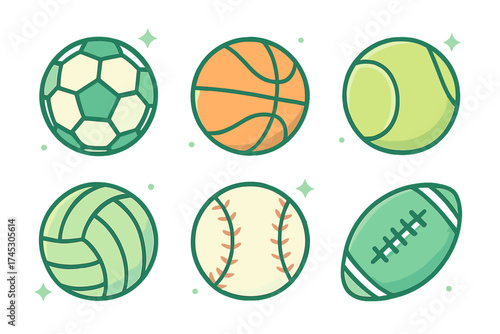 Set of six popular athletic balls: soccer, basketball, tennis, volleyball, baseball, and football