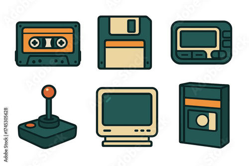 Retro technology icons set featuring cassette tape floppy disk joystick and CRT monitor
