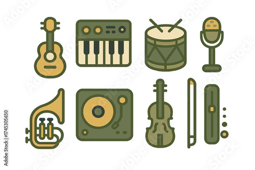 Collection of musical instruments and audio equipment symbols: guitar, keyboard, drum, microphone