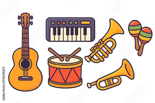 Collection of diverse musical instruments including guitar, synthesizer, drum, and brass horn
