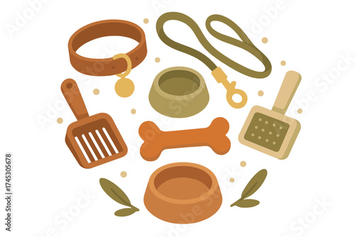 Essential dog accessories arranged in a circle including collar leash bowls bone toy and brush