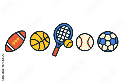 Set of diverse athletic equipment including various sports balls and a tennis racket