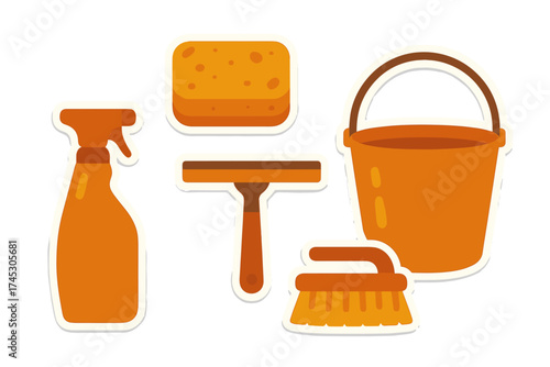 Essential household cleaning equipment set featuring a bucket, sponge, spray bottle, and brush