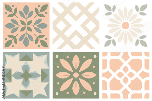 Seamless decorative tile patterns with geometric and stylized floral motifs in pastel tones
