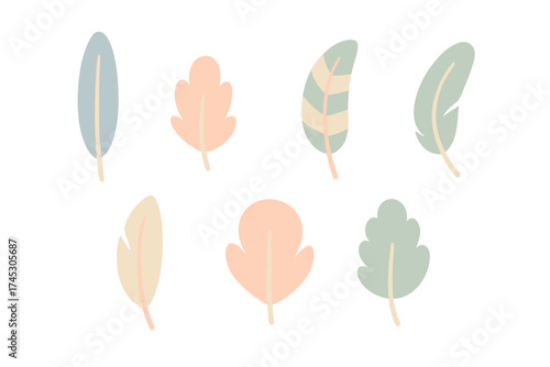 Simple stylized leaves and decorative feather shapes in soft pastel colors