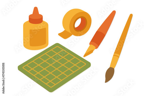 Creative art and craft supplies including glue, tape, cutting mat, knife, and brush