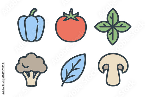 Colorful set of fresh vegetable and herb ingredients including tomato, pepper, broccoli, and mushroom