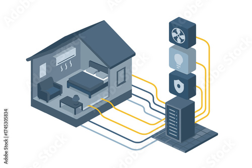 Isometric view of a modern smart house connected to a centralized automation system managing climate, light, and security