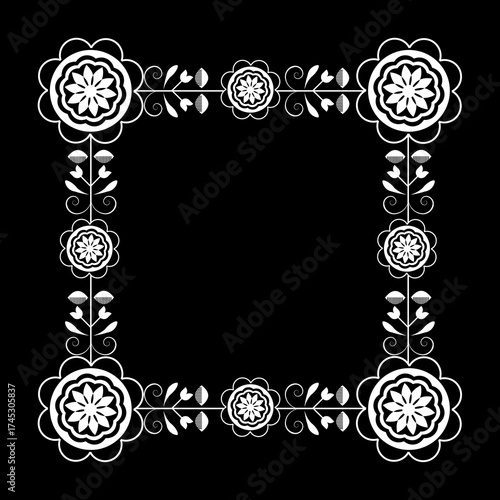 Black white square frames with flowers .
Graphic design with regular shapes as tenplate, or tile.