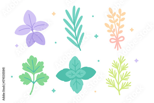 Cute pastel collection of six different culinary herbs and spices isolated on white