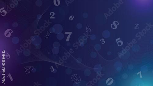 Creative abstract numerical background with floating digits and glowing light effects on dark blue gradient design, perfect for technology, math, data, and digital themed projects