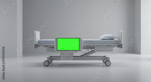  A modern, intelligent hospital bed in a serene room features a transparent screen displaying patient recovery data
