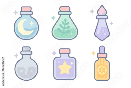 Collection of colorful fantasy elixir bottles containing magic, herbs, and celestial symbols