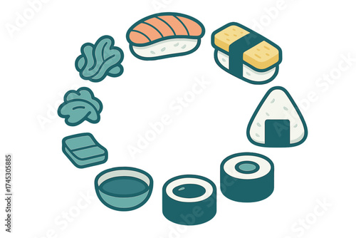 Traditional Japanese sushi, maki rolls, onigiri, and condiments arranged in a circular layout