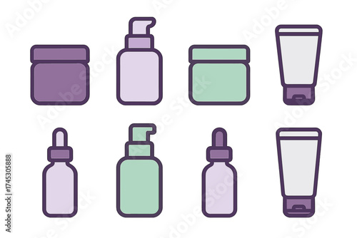 Collection of cosmetic packaging containers, including cream jars, serum bottles, and lotion dispensers