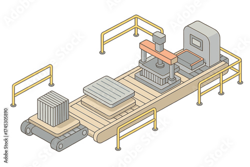 Isometric automated industrial conveyor belt system with hydraulic press machine processing raw materials
