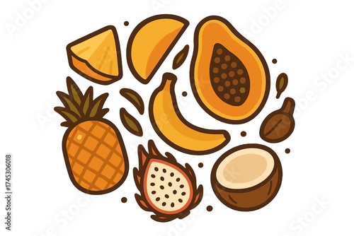 Vibrant circular grouping of fresh exotic fruits including pineapple papaya and dragon fruit