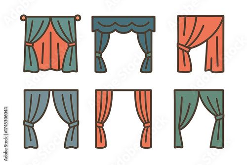 Six colorful window curtains and drapes icons set in various styles and arrangements