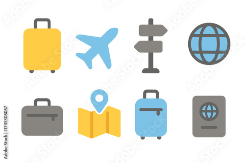 Flat design symbols for travel and tourism including luggage, airplane, map, globe, and passport