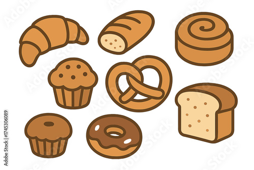 Set of sweet and savory baked goods icons including croissant and pretzel