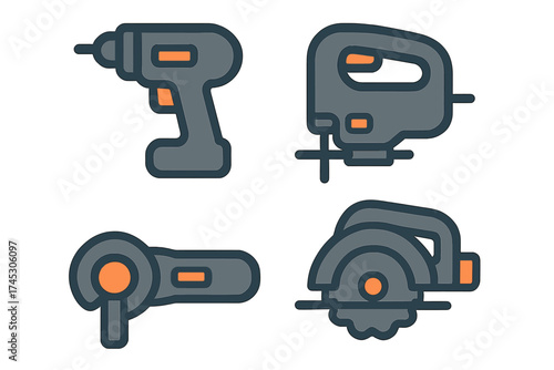 Collection of common power tools including drill, jigsaw, angle grinder, and circular saw icons