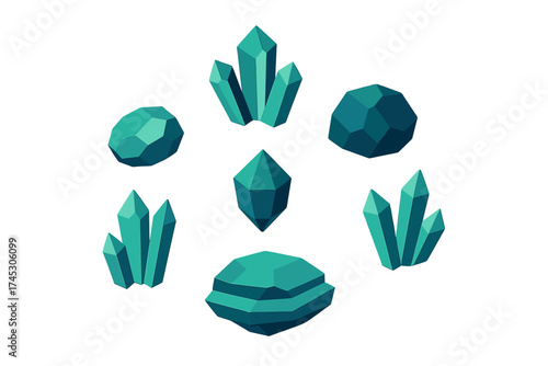 Set of stylized turquoise crystals and faceted geometric gems in low poly style