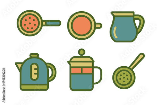 Colorful collection of kitchen appliances and utensils for hot beverages and food preparation