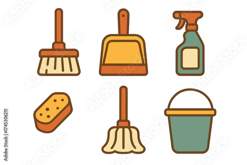 Essential household cleaning equipment featuring mop, bucket, dustpan, and spray bottle