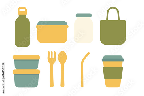 Eco-friendly reusable containers, cutlery, tote bag, and drinkware set