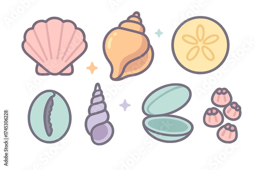 Set of cute pastel seashells and marine elements including conch, clam, and sand dollar