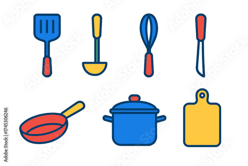 Colorful set of essential kitchen tools and cooking equipment