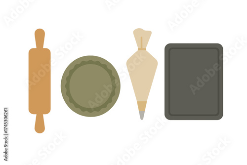 Essential kitchen tools for baking including a rolling pin, pie dish, piping bag, and baking sheet