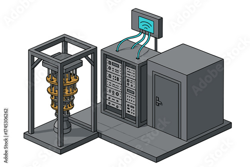 Isometric view of a quantum computing system with server racks and cryogenic hardware
